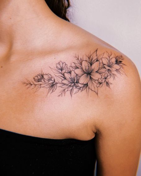 Shoulder Flower Tattoo with Leaves