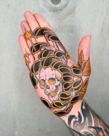 Skull and Chrysanthemum Flower Tattoo on Hand