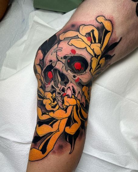 Skull Chrysanthemum Tattoo on Knee