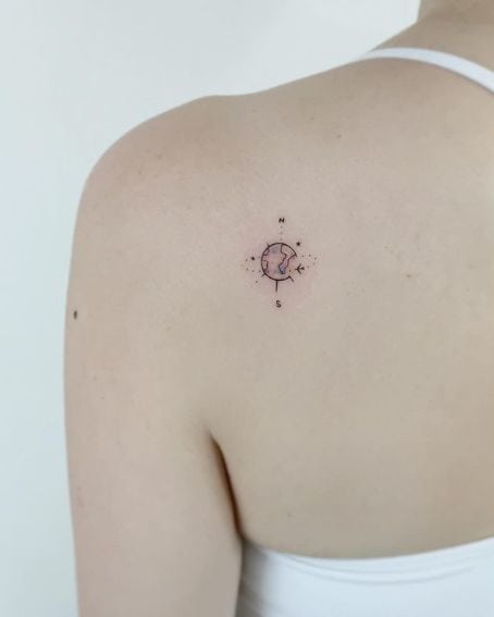Small Compass Tattoo on the Back Shoulder