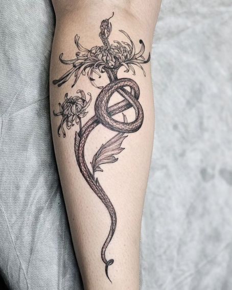Snake and Chrysanthemums Tattoo
