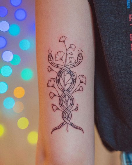 Snake and Ginkgo Leaves Tattoo Design