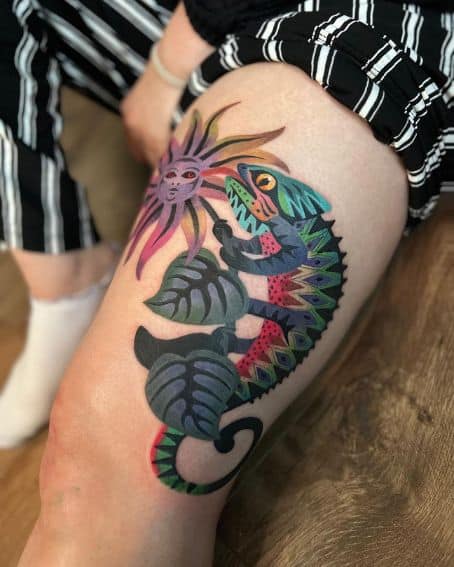 Sunflower and Chameleon Tattoo Design