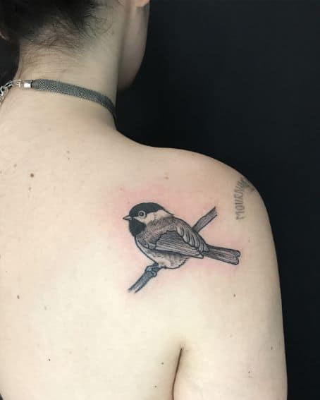 Sweet Chickadee Tattoo on Back Shoulder