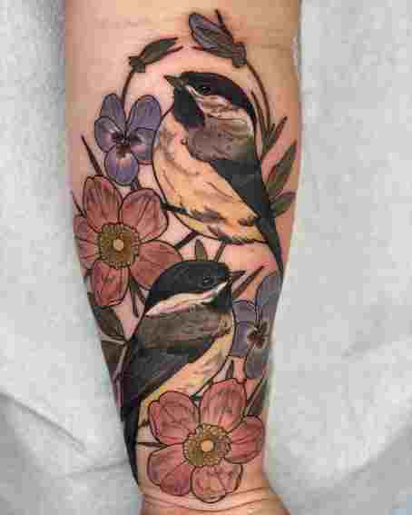 Tattoo of Two Chickadees with Floral Design