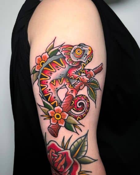 Watercolor Chameleon Tattoo on Arm