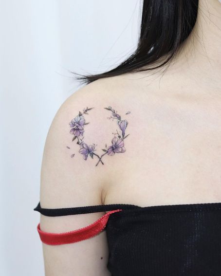 Watercolor Freesia Flowers Tattoo on Shoulder