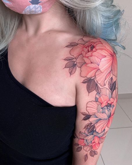 Watercolor Peony Flower Shoulder Tattoo