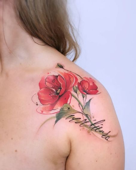 Watercolor Poppy Flower Tattoo on Shoulder