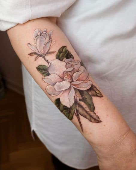 White Magnolia Flower Tattoo on Forearm