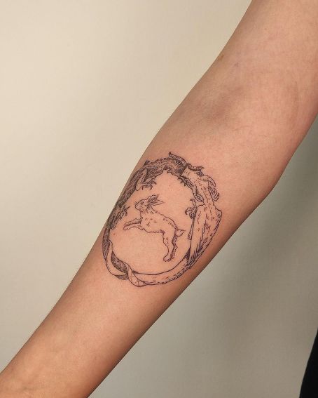 White Ouroboros Tattoo with Rabbit