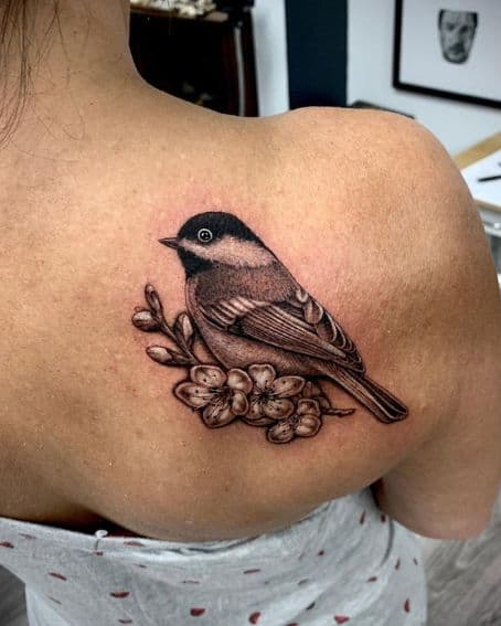 Wonderful Lil Chickadee Tattoo on Back Shoulder